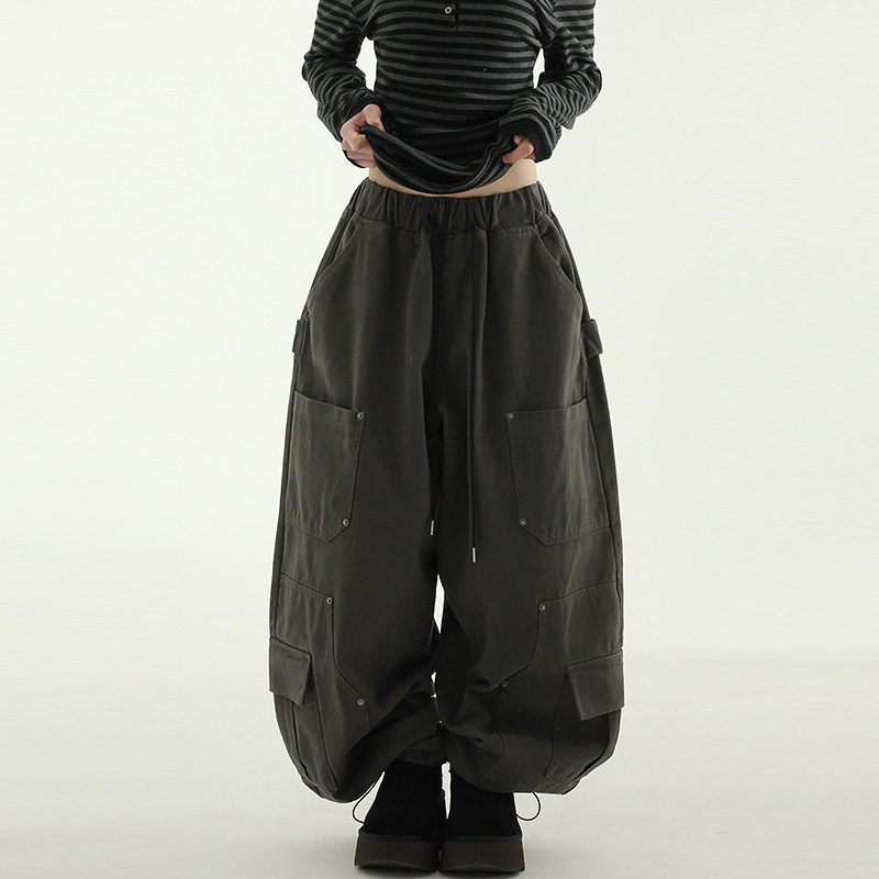韩国代购25 rivet multi pocket cotton balloon banding pants裤