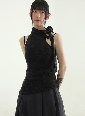 韩国代购24F/W strap halter neck sleeveless knit top绑带背心