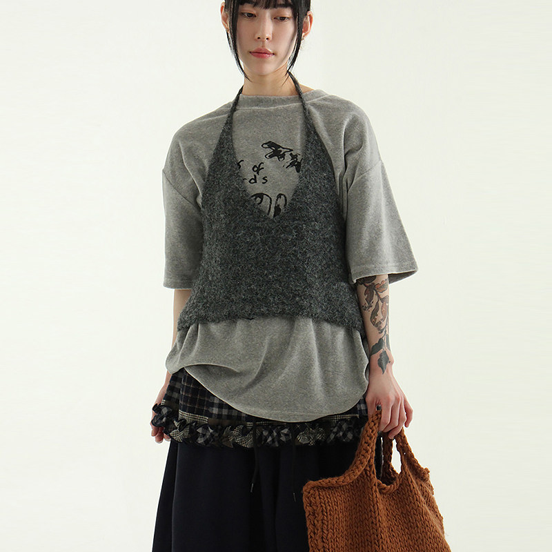 韩国代购 25A/W halter neck knit bustier 设计师款复古吊带背心