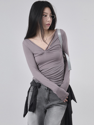 Raucohouse韩代百搭V领长袖T恤