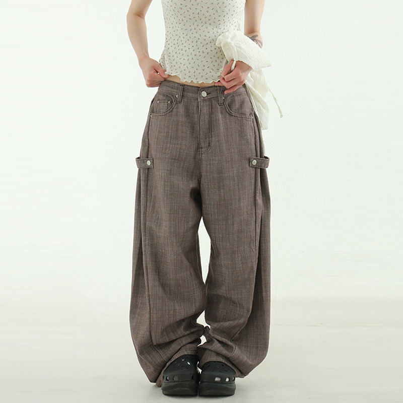 韩国代购24 organic snap wide pants设计师款休闲混色按扣长裤女