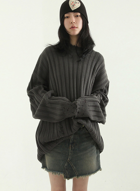 韩国代购23S/S oversize damage golgi knit 竖纹针织破边毛衣女