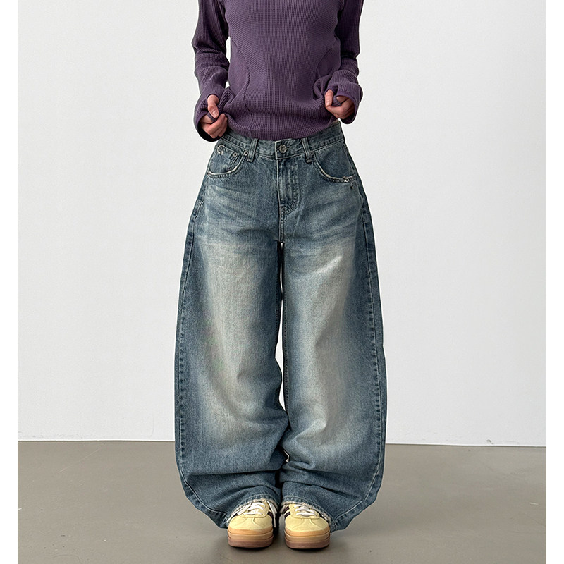韩国代购26A/W piercing pocket wide jean 设计师水洗磨白牛仔裤