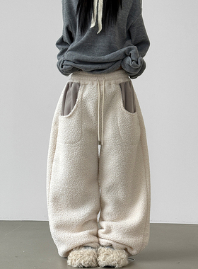 韩国代购25F/W dumble pocket wide banding pants 抽绳毛绒长裤