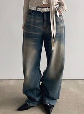 adelio韩代25 blue sand washing jeans 蓝色水洗磨白宽松牛仔裤