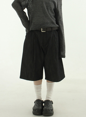 韩国代购24S/S pin tuck denim bermuda pants 捏褶牛仔半腿裤女