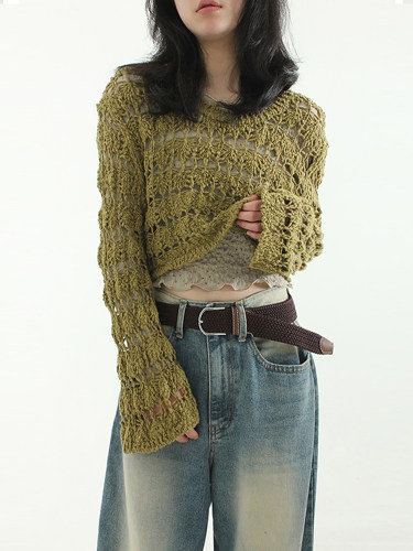 国内现货！netting cropped knit 镂空透视编织针织衫罩衫短款