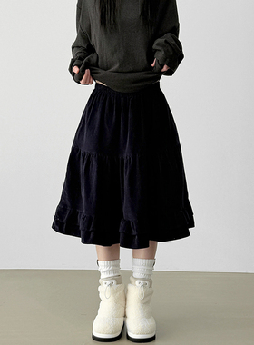 韩国代购25F/W corduroy frill can-can banding midi skirt 中裙