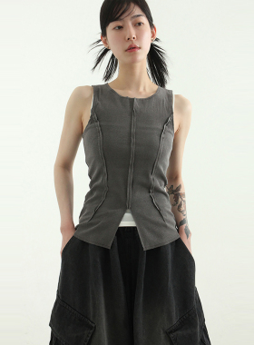 韩国代购 24S/S pigmented cotton slit sleeveless top 开叉背心