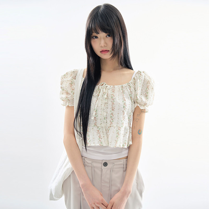 Raucohouse韩代碎花泡泡短袖衬衫