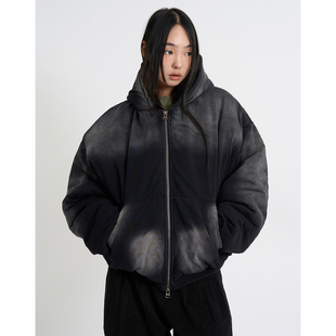 韩代Raucohouse Quilted hooded zip-up bomber 扎染连帽棉服外套