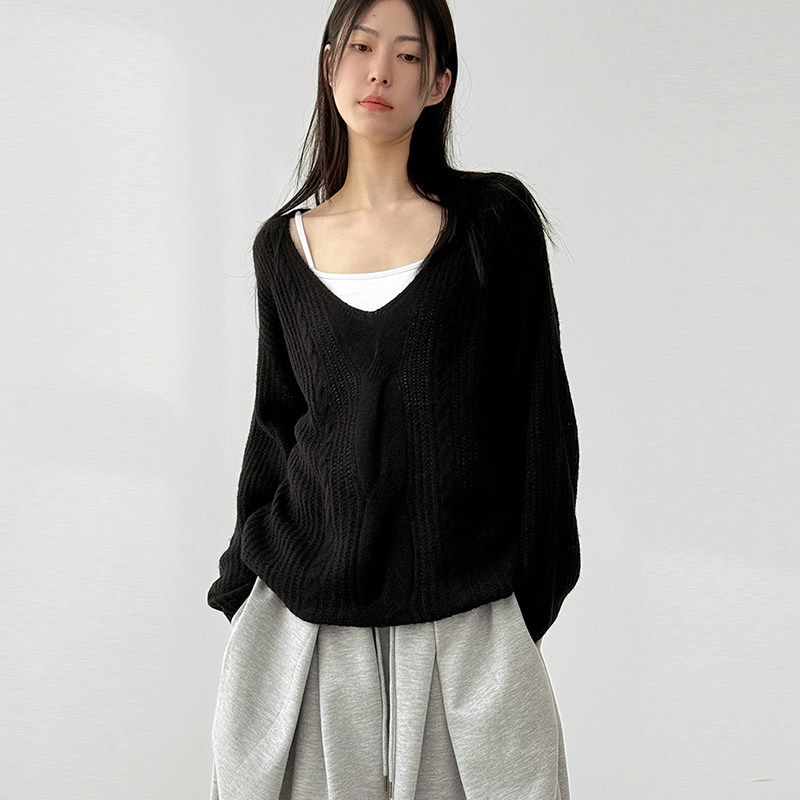 韩国代购25F/W V neck alpaca cable knit V领长袖针织衫微透