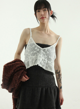 韩韩国代购24F/W floral lace frill bustier 花朵蕾丝吊带上衣女