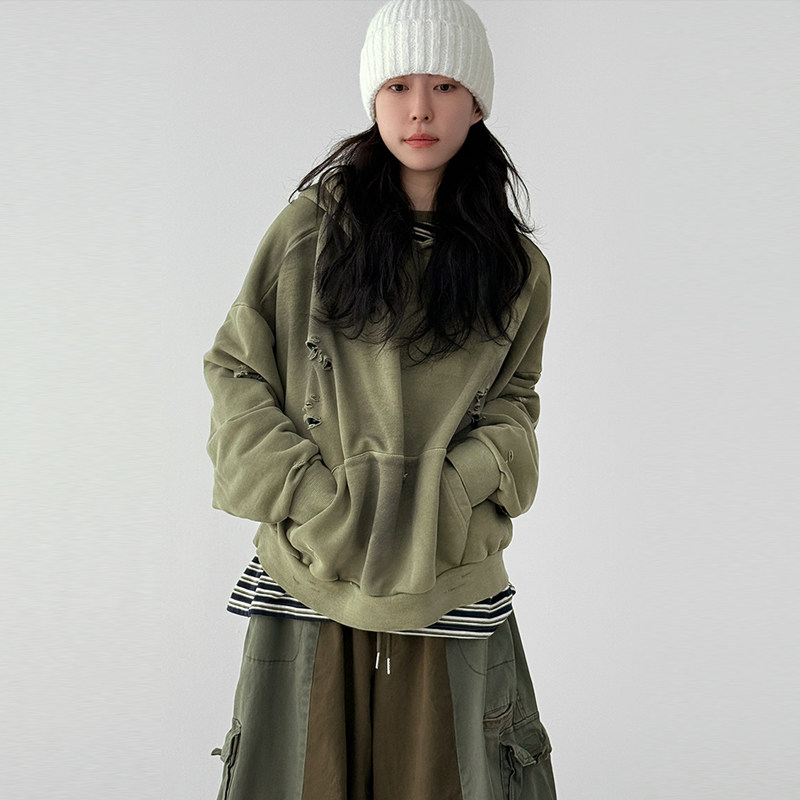 韩国代购25F/W damage cotton cropped hoody (unisex) 破洞帽衫