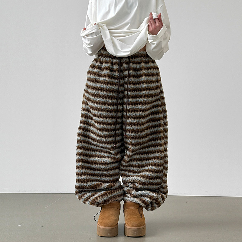 韩国代购26A/W mixed stripe dumble banding pants 条纹抽绳长裤
