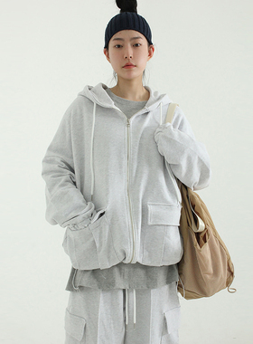 韩国代购cargo pocket string hood zip-up (unisex)工装拉链帽衫