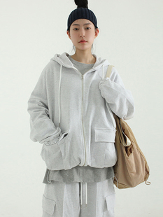 韩国代购cargo pocket string hood zip-up (unisex)工装拉链帽衫