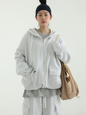 韩国代购cargo pocket string hood zip-up (unisex)工装拉链帽衫