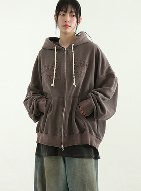 韩国代购embroidery pigmented cotton hood zip-up (unisex)帽衫