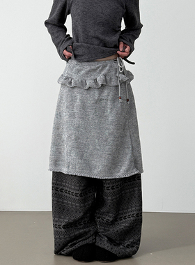 韩国代购25 wodden ball frill knit midi skirt设计师抽绳半身裙