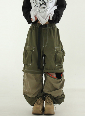 韩国代购24 paper knee slit cargo banding pants裤腿可拆工装裤