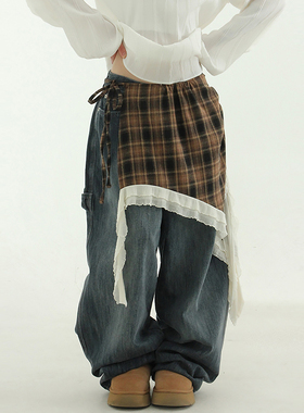 韩国代购24 check frill layered wrap skirt不对称格子半身裙女