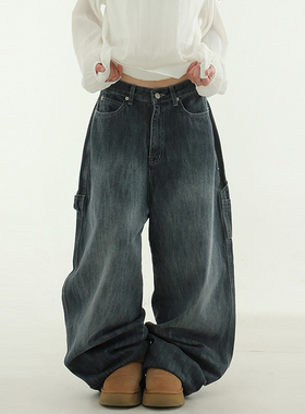 韩国代购24A/W dark blue carpenter wide jean 深蓝木工牛仔裤女