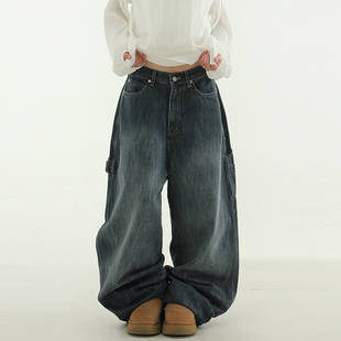 韩国代购24A/W dark blue carpenter wide jean 深蓝木工牛仔裤女