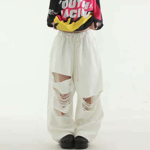 国内现货white cutting balloon banding pants (unisex)破洞长裤