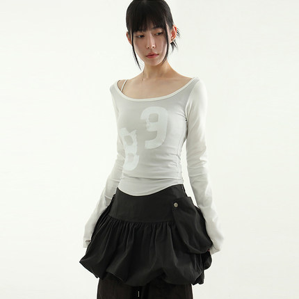 韩国代购24F/W back slit 89 printed cotton tee 印花长袖T恤女