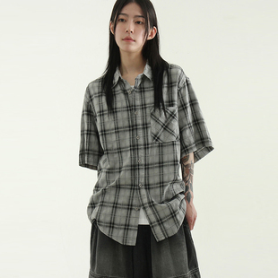 韩国代购25S/S mute check half shirt (unisex)格子半袖衬衫百搭