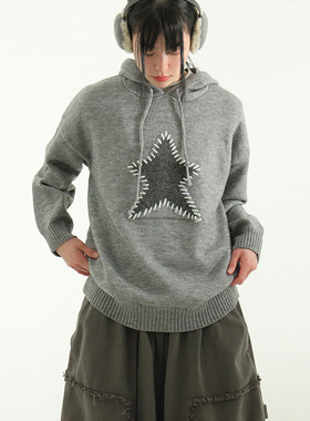 韩国代购 stitch star knit hoody 设计师款星星针织帽衫复古休闲