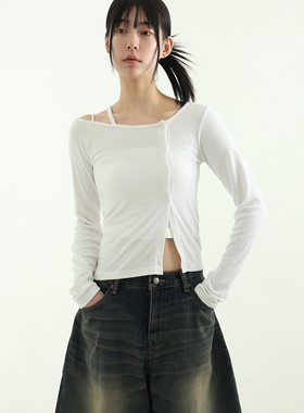 韩国代购24A/W unbalanced golgi button tee 设计师系扣长袖T恤