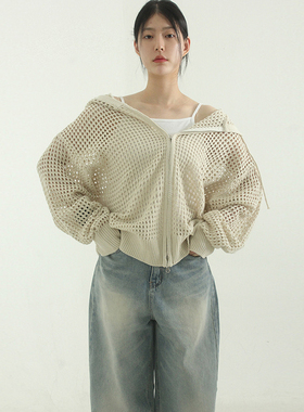 韩国代购 hand warmer netting hood zip-up 针织网眼帽衫百搭女