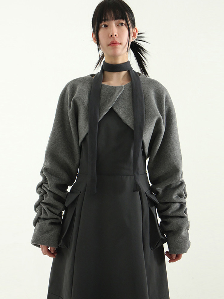韩国代购 shirring sleeved bolero 设计师款毛呢坎肩外套夹克女