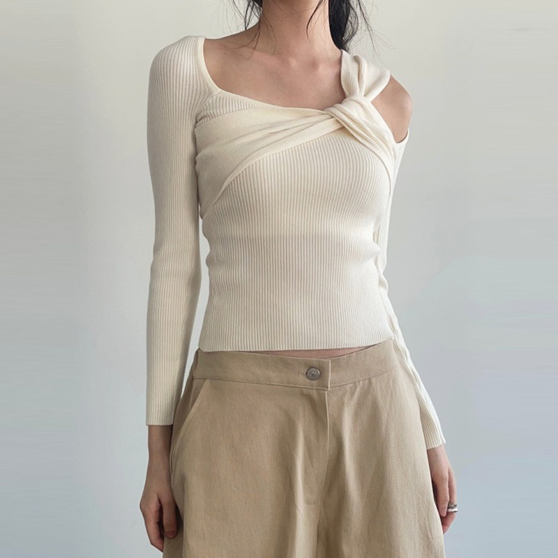 adelio韩代 twist shoulder detail knit 麻花扭肩长袖罗纹针织T