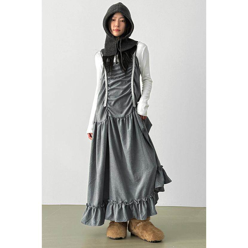 韩国代购26 shirring frill sleeveless long ops 吊带褶皱连衣裙
