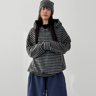 button neck 条纹绒帽衫 unisex stripe hoody 韩代26A fleece