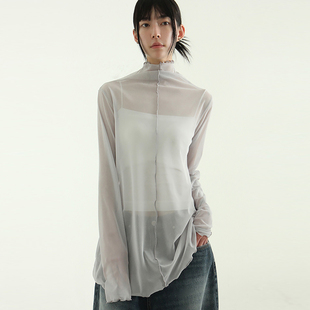 neck mesh long 韩国代购 长袖 pola tee设计师款 半透T恤复古女