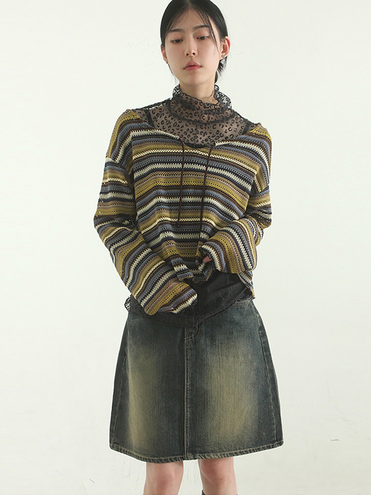 韩国代购23F/W string neck mixed stripe knit top 条纹针织衫女