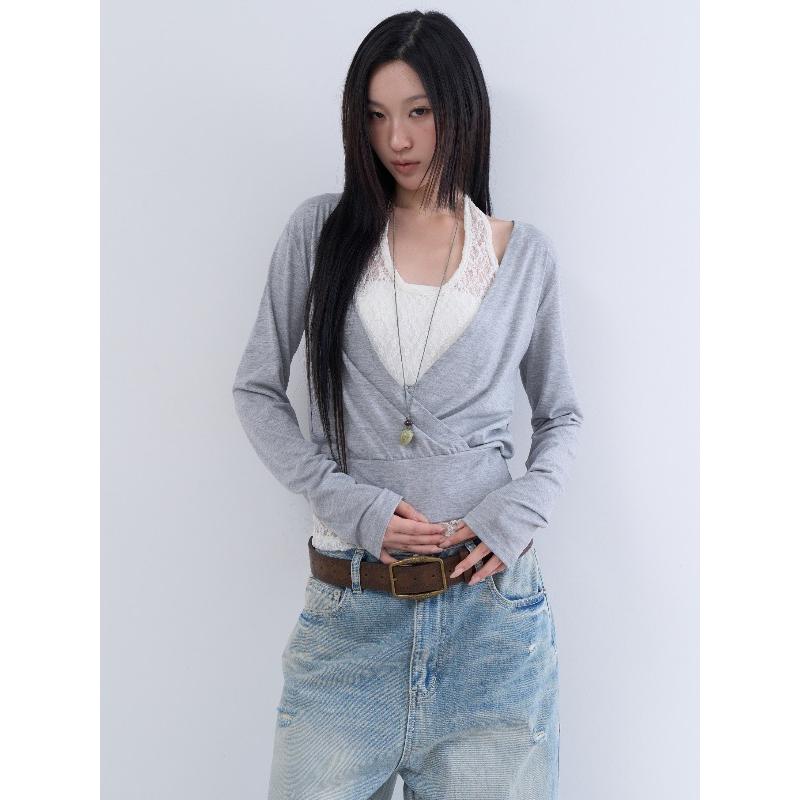 lowear韩代蕾丝挂脖长袖T恤套装