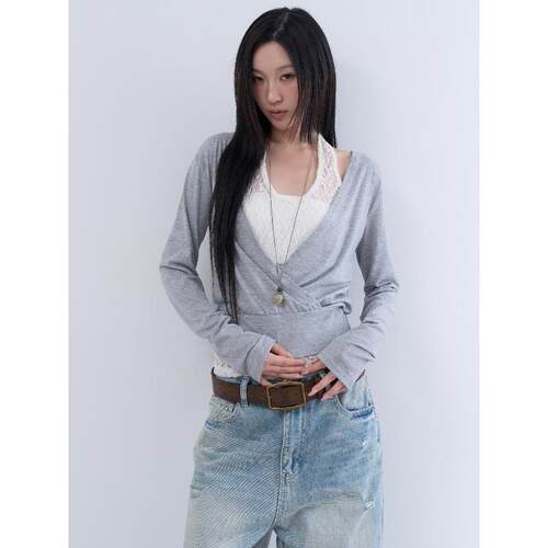 lowear韩代蕾丝挂脖长袖T恤套装