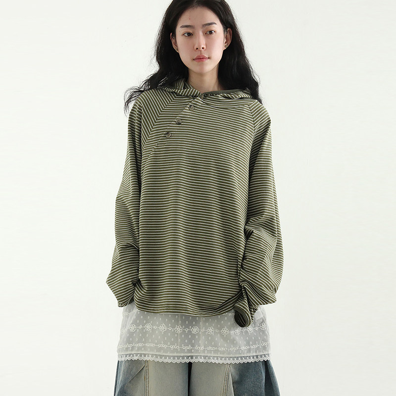韩国代购25A/W oblique button neck stripe hoody (unisex) 帽衫