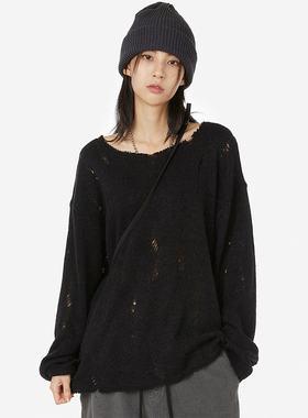 韩代Raucohouse  Mohair rough vintage knitwear 破洞针织长袖女