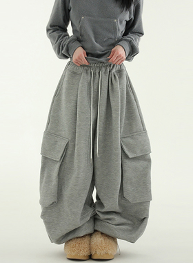 韩代 fleece-lined soft cotton cargo wide banding pants加绒裤