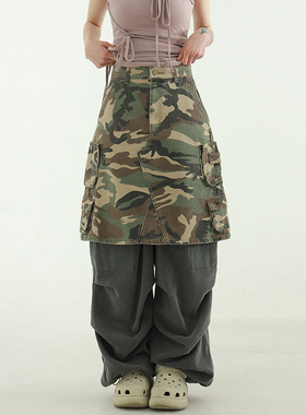 韩国代购24A/W camo pattern cargo pocket midi skirt 迷彩短裙