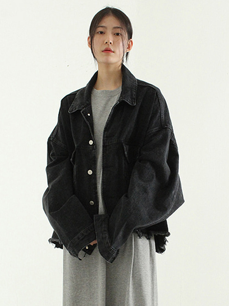 韩国代购 black cutting denim jacket (unisex)裁剪牛仔夹克外套