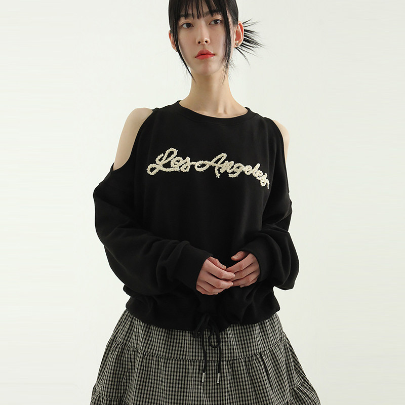 韩国代购24 embroidery open shoulder mtm设计师款字母露肩卫衣