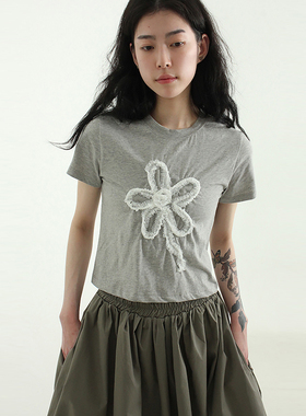 韩国代购25A/W flower frill cotton half cropped tee 短袖T恤