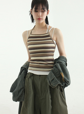 韩国代购24S/S halter neck organic stripe sleeveless top 吊带